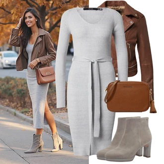 Outfit s Hnědá/Oranžová/Tmavě hnědá Kožené Bund Bunda z Umělé Kůže/Motorkářská bunda/Kožené Bund/Motorkářské Bund/Kožená vintage bunda Oakwood "Podzimní outfit pro každý den"