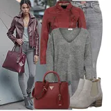 Tmavě červené kožené bundy outfity image