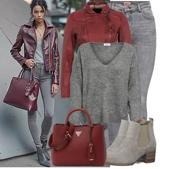 Outfit s Červená/Tmavě červená Kožené Bund Kožená vintage bunda/Kožené Bund/Motorkářská bunda/Motorkářské Bund/Bunda z Umělé Kůže Oakwood "Cool podzimní outfit"