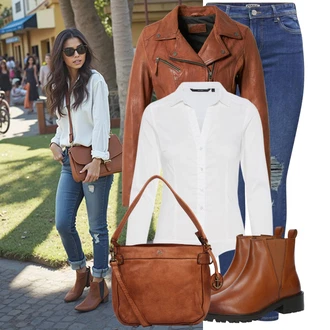 Outfit s Hnědá/Oranžová Kožené Bund Bunda z Umělé Kůže/Kožená vintage bunda/Motorkářská bunda/Motorkářské Bund/Kožené Bund Oakwood "Módní vzhled na podzim"