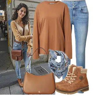 Outfit sa Smeđa/Bež Čizmica Gležnjača na Vezanje/Podstavljena čizma/Klasična čizmica/Zimska Čizma/Cipela za Trekking/Podstavljena Gležnjača/Zimska gležnjača/Zimska cipela Rieker "Moderan izgled za jesen"