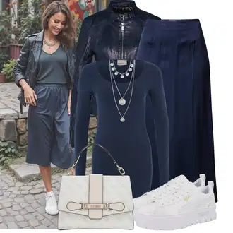 Outfit s Modrá/Tmavě Modrá Bunda s Bočním Zipem/Kožené Bund/Bunda z Umělé Kůže/Kožená vintage bunda/Motorkářské Bund Maze "Podzimní outfity"