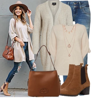 Outfit s Tmavě hnědá/Hnědá/Vínová Chelsea Boty/Kožená bunda/Letní kotníková kozačka/Kotníková Bota s Podšívkou/Vintage Kotníková Bota Tamaris "Podzimní outfit pro každý den"