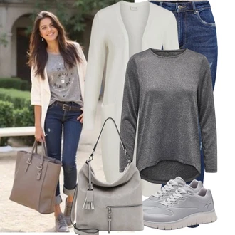 Elegantní Outfit s Béžová/Krémová/Bílá/Khaki Móda Pro Plnoštíhlou Pletenina veľkej veľkosti Vila "Módní vzhled na podzim"Look: Elegantní, Old Money, Příliš oblečený, Nadrozměrné, Univerzitní