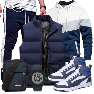 Outfit mit Dunkelblau/Blau Reiseweste/Sport Weste/Funktionsweste/Trachtenweste/Kunstfaserweste/Kurze Weste/Lange Weste/Wendeweste/Daunenweste/Puffer Weste/Ärmellose Weste LEZUAN "Sport Outfit"