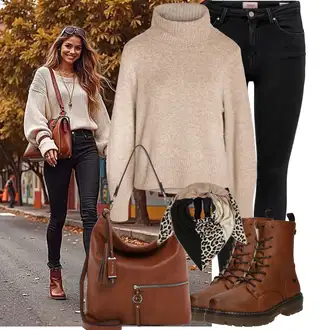 Outfit s Černá/Béžová/Hnědá/Bílá Bandana/Šál/Pokrývka hlavy Šátek na hlavu About You "Módní vzhled na podzim"