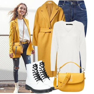 Outfit s Bílá/Krémová Šněrovací Kotníková Bota/Klasická kozačka/Bojová Bota Dockers by Gerli "Outfit na podzim"