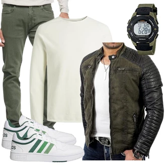 Outfit mit Dunkelgrün Jacke mit Seitlichem Reißverschluss/Kunstfaserjacke/KunstLederjacke/Wachsjacke/Steppjacke/Außergewöhnliche Jacke/Motorradjacke/Bikerjacke Redbridge "Street Style Outfit"