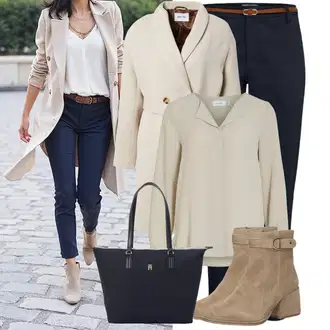Na Procházku Outfit s Béžová/Hnědá/Khaki Slip-on Halenka/Halenka s Dlouhým Rukávem/Blůza s knoflíčkem/Halenka se Stojatým Límcem/Hedvábná Halenka/Businessová Halenka/Kožená bunda pro muže Vila "Cool podzimní outfit"Look: Volný čas, Baseball, Pracovní, Na Procházku, Jízda na koni