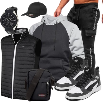 Rundhals Outfit mit Grau/Dunkelgrau/Hellgrau/Dunkelblau Pullover mit Reißverschluss/Kapuzenpullover/Unisex Hoodie/Hoodie/Ausgefallener Hoodie/Sport Sweatshirt MANLUODANNI "Street Style Outfit"