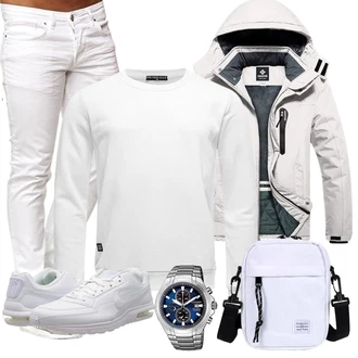 Sportlich Ski Outfit mit Khaki/Grau/Beige/Weiß/Creme Winterjacke/Skijacke/Segeljacke/Outdoorjacke GEMYSE "Street Style Outfit"Look: Outdoor, Sportlich, Rap, GoGo, Goa, Rad, Indoor, Berg­steigen, Skitouren, Wandern, Ski, Snow­boarden, Trekking