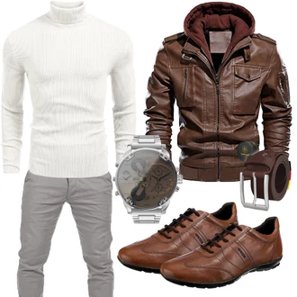 Motorrad Outfit mit Dunkelbraun/Khaki/Braun Bikerjacke/Vintage Lederjacke/Herbstjacke/Jacke mit Seitlichem Reißverschluss/Kapuzenjacke/Kunstlederjacke/Leder Bomberjacke/Lederjacke CARWORNIC "Street Style Outfit"Look: Wandern, Motorrad, Arbeits, Trekking, Reiten