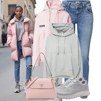 Nadrozměrné Outfit s Šedá/Světle šedá Dámský Svetr/Svetr s kapucí/Vintage mikina/Svetr S Kapucí/Unisex Mikina S Kapucí/Sportovní mikina/Originální mikina/Oversize mikina Nike Sportswear "Cool podzimní outfit"Look: Hip Hop, Pro Dům, Nadrozměrné, Skater, Sportovní, Unisex, Univerzitní