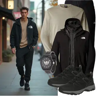 Outfit mit Schwarz/Grau Wanderjacke/Outdoorjacke/2in1 Jacke/Skitourenjacke/Trekkingjacke/Skijacke/Kapuzenjacke/Hybridjacke/Wasserdichte Jacke/Winterjacke/Funktionsjacke/Regenjacke/Schneejacke The North Face "Street Style Outfit"