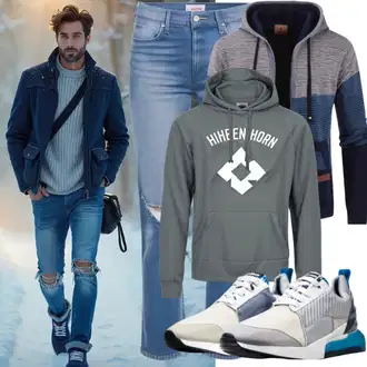 Casual Outfits Büro mit Dunkelblau/Blau Wolle Strickjacke/Baumwoll Strickjacke/Strickjacke Gefüttert/Stehkragen-Strickjacke witt "Street Style Outfit"Look: GoGo, Goa, Büro, Outdoor, Smart Casual, Preppy