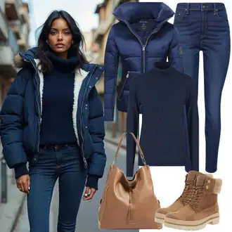 vypchaný Outfit sa Tamnoplava/Plava Kožna Jakna/Zimska jakna/Push-up Traperice/Kožne Cipele/High Waist Traperice/Termo Traperice Noisy may "Super svakodnevni outfit"