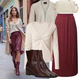 A-kroj Outfit sa Crvena/Tamnocrvena/Ljubičasta/Vinski Crveno Kratke hlače velike veličine/Hlača Velika Veličina/Haljina Veći Broj About You "Cool jesenski outfit"Look: A-kroj, Elegantan, Old Money, klasický, Talijanski, Traditional, 20-ih godina