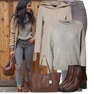 Mom Outfit s Šedá/Béžová/Hnědá/Khaki Pletený Kabát/Vlněný Fleecový Kabát/Pletený Fleecový Kabát/Kabát s Kapucí/Zimní Kabát Vlněný kabát/Lodenový kabát Only "Podzimní outfit pro každý den"Look: Ležérní, Pro Dům, Mom, Venkovní, Příliš oblečený, Univerzitní