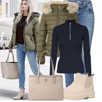 Outfit s Khaki/Hnědá/Béžová Kozačka Chelsea Boty/Plochá Kotníková Bota Steve Madden "Stylový vzhled pro volný čas"