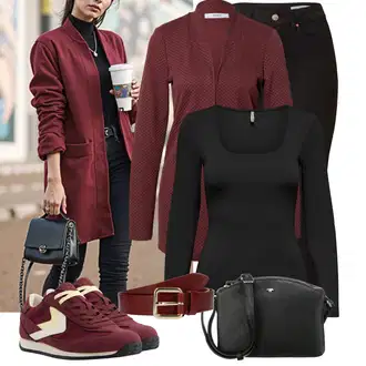 Outfit s Červená/Vínová/Tmavě červená Kardigan Vlněný kardigán/Bavlněný svetr/Svetr s podšívkou/Zimní svetr/Dlouhé Kardigany/Kardigán se stojatým límečkem Only "Podzimní outfity"
