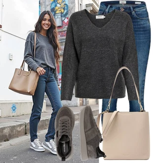 Outfit s Světle šedá/Šedá/Tmavě šedá Teniska se Třpytkami/Kožené Tenisky/Nízká Teniska/Teniska na platformě/Úzká Teniska/Teniska teddy Kennel & Schmenger "Podzimní Look"