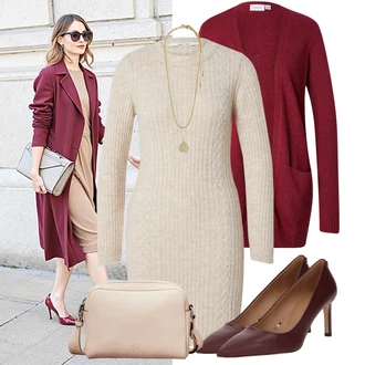Stil Outfit sa Vinski Crveno/Smeđa/Tamnocrvena Elegantna Cipela/Salonka Na Visoku Petu/Pumpica S Visokim Prednjim Dijelom/Poslovna Obuća/Udobna pumpa/kožena cipela/Vintage Pumpa Boss "Jesenski outfiti"Look: Stil, Ured, Old Money, Chic, Šik, Francuske, Elegantan, Boja