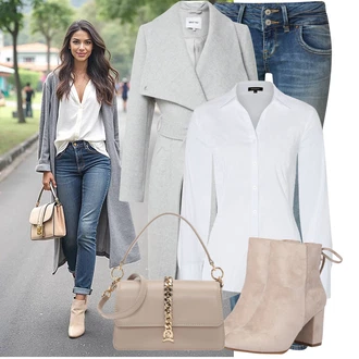 Vysoké Podpatky Outfit s Béžová/Hnědá Kotníková Bota Na Podpatku/Zimní kotníková bota/Kotníková Bota s Podšívkou/Letní kotníková kozačka/Šněrovací Kotníková Bota About You "Podzimní outfit pro každý den"