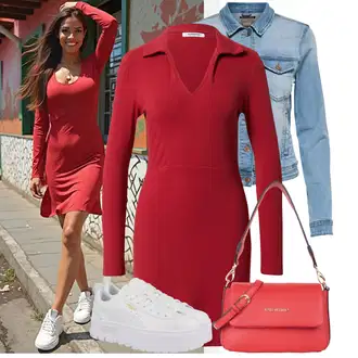 Outfit sa Crvena/TamnoCrvena Džemper Haljina/Zimska Pletena Haljina/Pletena Haljina/Haljina S Visokim Ovratnikom/Zimska Haljina/Pletenina GLAMOROUS "Cool jesenski outfit"