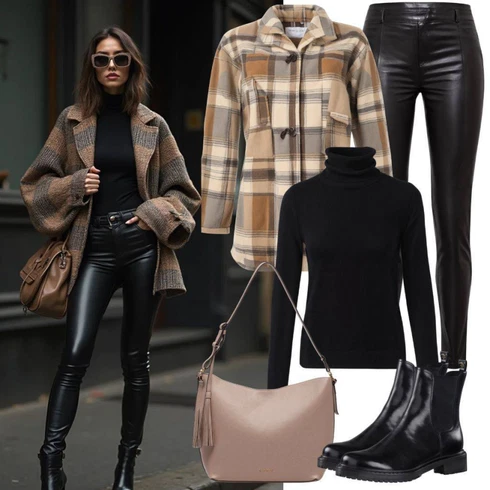 Kombinace Elegantní Černá/Bílá Kalhoty Legíny Kožený Vzhled/Kožený legíny/Vinylový Legín/Kožená Kalhoty/Kalhoty z Umělé Kůže EditedLook: Elegantní, Krásný, Old Money, Bezešvé, S Mokrým Vzhledem