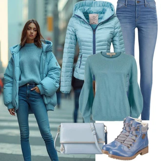 Outfit s Modrá/Světle modrá Puchová Bund/Bunda z umělých vláken/Nafukovací Bund/Bunda s Kapucí/Zimní Bund Karl Kani "Zimní vzhled"