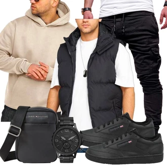 Outfit mit Schwarz/Dunkelblau Kurze Weste/Trachtenweste/Reiseweste/Sport Weste/Kunstfaserweste/Steppweste/Wendeweste/Outdoorweste/Daunenweste/Funktionsweste/Lange Weste/Ärmellose Weste/Puffer Weste Behype "Alltags Outfit"