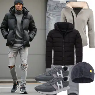 Outfit mit Grau/Hellgrau Herren Lederjacke/Jeans mit Loch/Jeans mit Schlitz/Low Rise Jean/Low Waist Jean/Biker Jeans/Lederjacken witt "Alltagsoutfit"