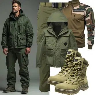 Laufen Outfit mit Dunkelgrün Springerstiefel/Klassischer Stiefel/Lederjacke/Schnürstiefelette/Gummistiefelette/Gefütterte Stiefelette Ecco "Army Outfit"Look: Laufen