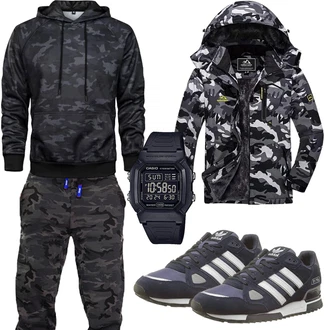 Outfit mit Dunkelgrau/Grau/Dunkelgrün/Schwarz/Dunkelblau Kapuzenpullover/Sport Sweatshirt/Hoodie/Ausgefallener Hoodie/Unisex Hoodie/Sport Hoodie/Kapuzenpullover MANLUODANNI "Army Outfit"