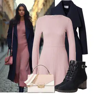 Výstřih na ramena Outfit s Fialová/Růžová Šaty S Rolákem/Pletené Šaty/Zimní Pletené Šaty/Svetrové Šaty/Zimní šaty s dlouhým rukávem About You "Zimní outfity"