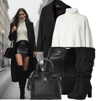 Outfit s Černá/Hnědá/Bílá Kožená Sukně/Krátká Sukně/Sukně z umělé kůže/Kožená MiniSukně Leger by Lena Gercke "Outfity na zimu"