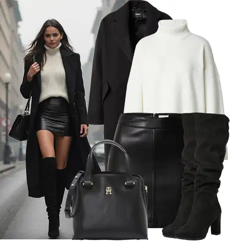 Kombinace Černá/Hnědá/Bílá Kožená Sukně Kožená Minisukně/Kožená Sukně/Sukně z umělé kůže/Krátká Sukně Leger by Lena Gercke kombinovat s Černá Kozačka Na Podpatku/Dlouhá Kozačka/Kozačka nad Kolena/Bota se širokým nohavici/Špičatá Kozačka/Kozačka po Kolena About You