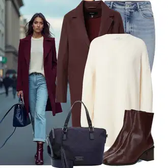 Outfity z džínu Mom Zima s Červená/Fialová/Tmavě červená/Hnědá/Vínová/Růžová Nezařazené VERO MODA "Trendový zimní vzhled"Look: Klasické, Chytrý příležitostný, Kancelář, Business, Univerzitní, Mom, Old Money, Moderní, Příliš oblečený