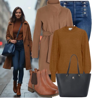 Stojáček Outfit s Hnědá/Šedá/Béžová/Khaki Přechodový Kabát/Zimní Kabát Vlněný kabát/Midi Kabát/Trenčkot/Kašmírový Kabát/Vlněný Fleecový Kabát/Lodenový kabát/Kabát s Úzkým Střihem Vila "Outfity na zimu"