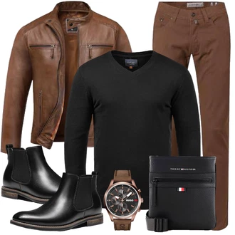 Moderne Outfit mit Braun/Dunkelbraun Bikerjacke/Motorradjacke/Leder Bomberjacke/KunstLederjacke/Vintage Lederjacke/Lederjacke Amaci&Sons "Buro Outfit"Look: Workwear, Schön, Coole, Cowgirl, Moderne, Outdoor, 80er