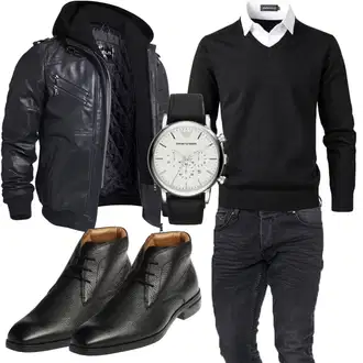 Motorrad Outfit mit Schwarz/Dunkelgrau/Grau Bikerjacke/Kapuzenjacke/Motorradjacke/Winterjacke/Fliegerjacke/Kunstlederjacke/Leder Bomberjacke/Jacke mit Seitlichem Reißverschluss FLAVOR "Buro Outfit"Look: Airsoft, Reiten, Motorrad