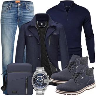 Slim fit Outfit mit Dunkelblau Scuba-Mantel/Duffle Mantel/Kaschmir Mantel/Schmal Geschnittener Mantel/Mantel mit Reißverschluss/Wollfleece Mantel/Wintermantel Wollmantel KUDORO "Buro Outfit"