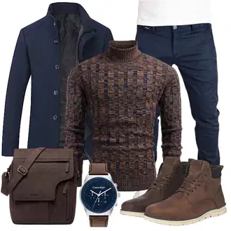 Outfit mit Bordeaux/Braun/Dunkelrot/Dunkelbraun Vintage Pullover/Jacquard Pullover/Kaschmir Pullover/Strickpullover/Winterpullover/Wollpullover/Rollkragenpullover COOFANDY "Buro Outfit"