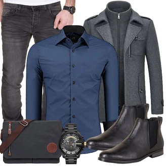 Slim fit Outfit mit Dunkelblau/Dunkelgrau/Grau Mantel mit Reißverschluss/Wollfleece Mantel/Wintermantel Wollmantel KUDORO "Business Outfit"