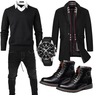 Schmal Outfit mit Schwarz/Bordeaux Kaschmir Mantel/Wintermantel Wollmantel/Wollmantel/Gehröck/Blazermantel Vancavoo "Business Outfit"