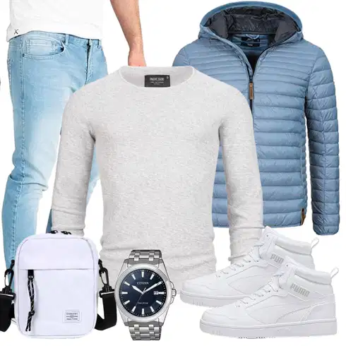 HellBlau/Blau/Grau Leichte Jacke/Jacke mit Seitlichem Reißverschluss/Daunenjacke/Kunstfaserjacke/Isolationsjacke/Puffer Jacke/Winterjacke/Thermojacke/Steppjacke/Kapuzenjacke/Verstaubare Jacke Indicode kombinieren