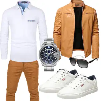 Stil, Western Outfit mit Braun/Beige/Orange Bikerjacke/Vintage Lederjacke/Jacke mit Seitlichem Reißverschluss/Leder Bomberjacke/Lederjacke/KunstLederjacke YUDATPG "Casual Outfit"Look: 80er, Boyfriend, Casual, Classic, GoGo, Goa, Outdoor, Rad, Stil, Coole, Moderne, Workwear, Schön, Techno