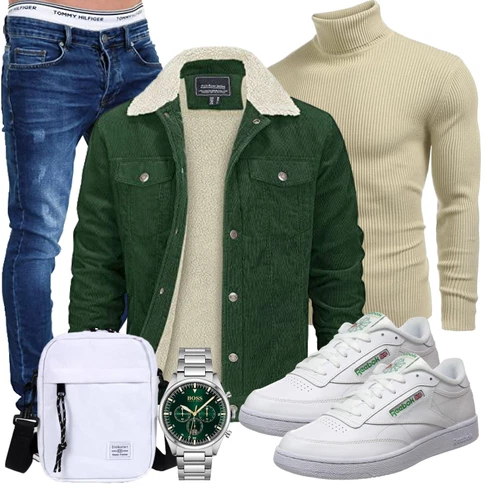 Beige Hose COOFANDY kombinieren mit DunkelGrün/Grün Holzfäller Jacke/Wolljacke/Cordjacke EKLENTSON