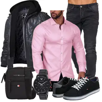 Motorrad Outfit mit Schwarz/Dunkelgrau/Grau Bikerjacke/Kapuzenjacke/Motorradjacke/Winterjacke/Fliegerjacke/Kunstlederjacke/Leder Bomberjacke/Jacke mit Seitlichem Reißverschluss FLAVOR "Casual Outfit"Look: Airsoft, Reiten, Motorrad