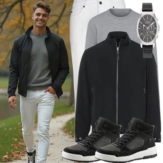 Retro Outfit mit Schwarz/Rot Winter Sneaker/Wasserfester Schuh/Leder Sneaker/Wasserdichter Outdoorschuh/Walkingschuh/Herren Lederschuhe Rieker "Casual Outfit"Look: Outdoor, Streetwear, Workwear, Sportlich, Smart Casual, Metal, Retro, Techno, Skater, Casual, Elegant, Hip Hop, Steampunk
